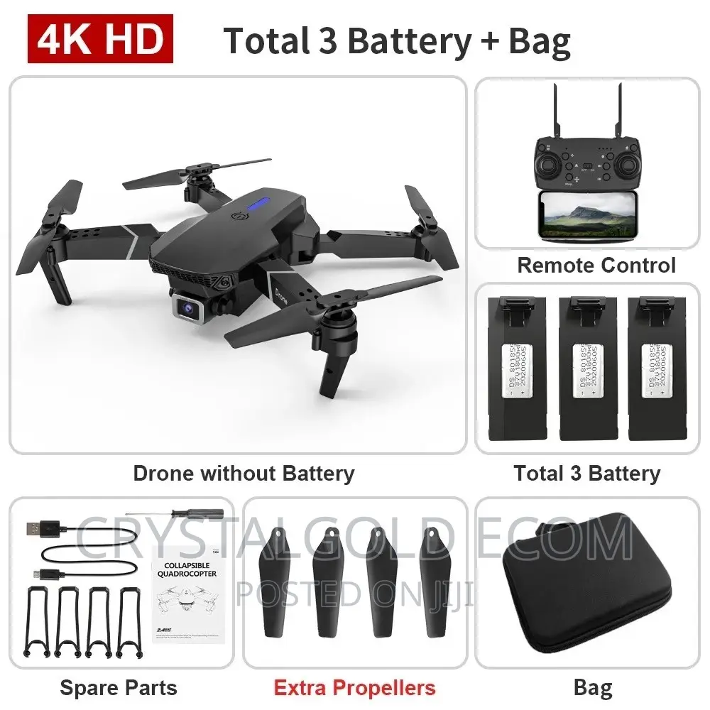 E88 Drone Wifi Drone Dual Camera + 4 Batteries Free Delivery