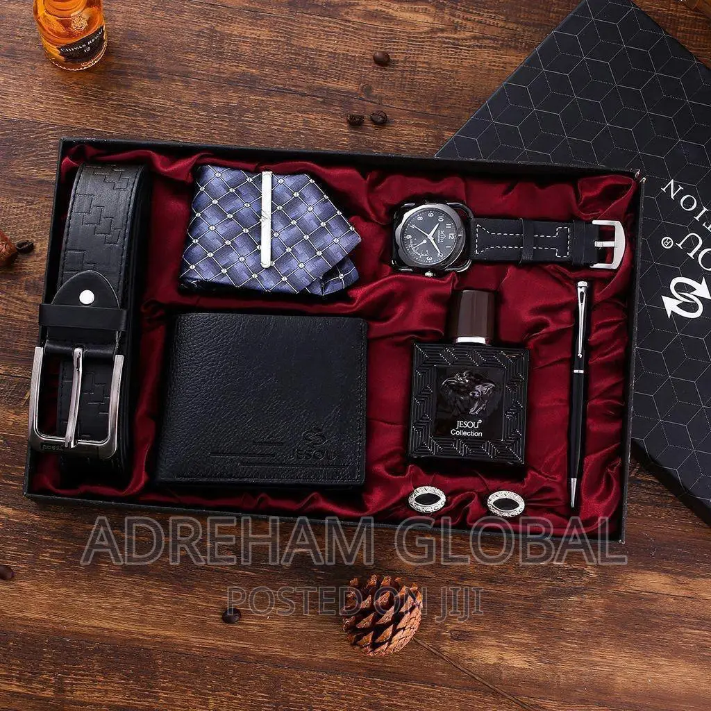 Men Gift Set Quality Leather Belt, Wristwatch,Tie, Perfume,